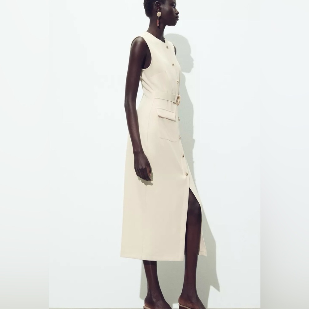 Zara NWT Elegant Cream Sleeveless Belted Midi Dress with Gold Details (Medium) - Picture 12 of 16